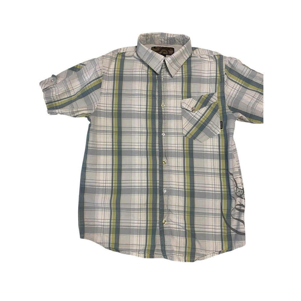 Prana Mens Medium Plaid Short Sleeve Button Down Shirt Blue Green Organic Cotton